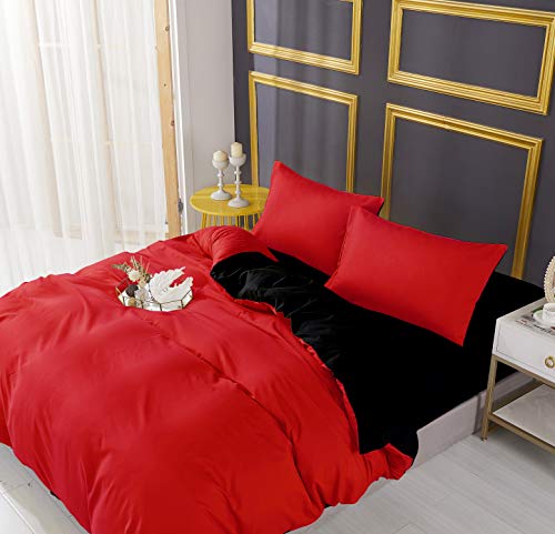Adam Home 4PCS Complete Reversible king size bedding sets Red Black Bedding & Fitted Sheet 6 Colors Soft Micro Fiber Plain Red Black bedding king size duvet cover - Image 5
