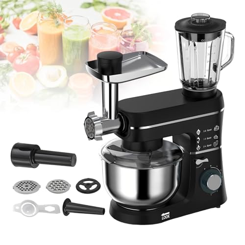Heavy Duty Dough Mixer 5-in-1 with 10L Stainless Steel Bowl 6-Speed Adjustable Stand Mixer for Baking Bread Making and Meat Grinding(Black)