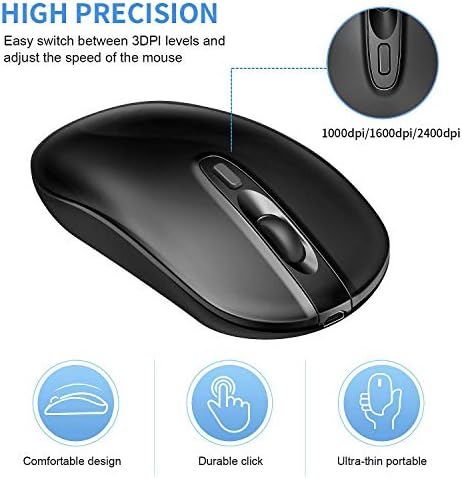 Rechargeable Wireless Mouse, 2.4G & Bluetooth Mouse Slim Portable Cordless Ergonomic Mouse for Laptop, PC, Computer, Windows Android OS Tablet (Black)
