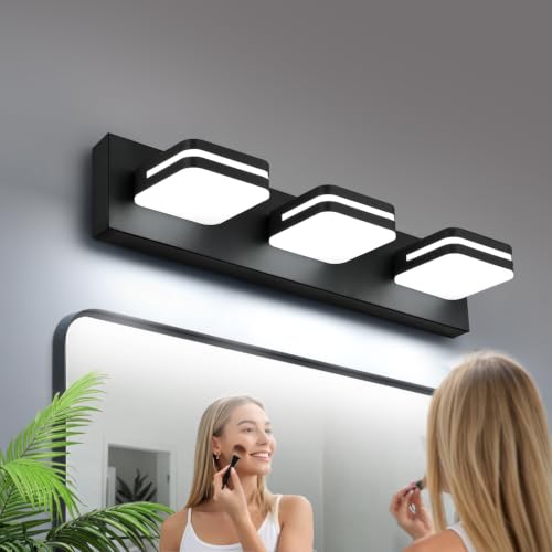 Torondo 360° Rotate LED Bathroom Vanity Light Fixtures, Acrylic Vanity Lights for Bathroom, Modern Wall Lighting Fixtures Over Mirror Living, Matte Black, 100%-0% Natural White, 3-Light, 17-Inch
