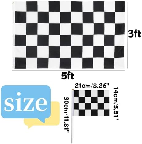5ft x 3ft Checkered Flags and 20pcs Party Handheld Flags on Plastic Stick 8.2 x 5.5 Inch Black White Racing Banners Pennant Decoration for Game Parade Sport Events, Festival Birthday Party Supplies
