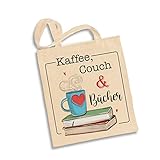Tassenbrennerei Baumwolltasche mit Spruch Kaffee, Couch und Bücher - lustige Büchertasche, Einkaufstasche für Leseratten (Natur)