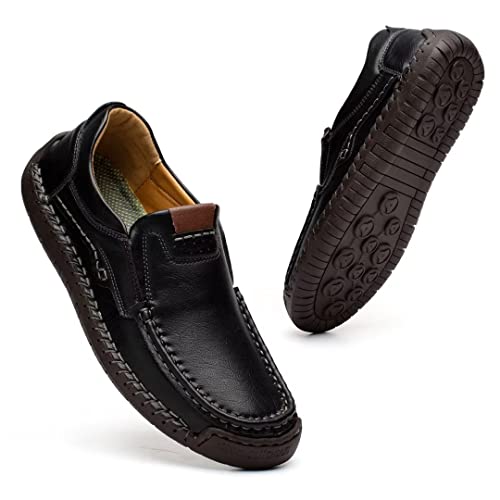 Slip On Shoes For Men Loafers & Slip-Ons Black Casual Leather Shoes Wide Width Driving Shoes【Includes An Extra Pair Of Insoles】 Please Choose A Larger Size For Big Feet(Black45) #TOP3