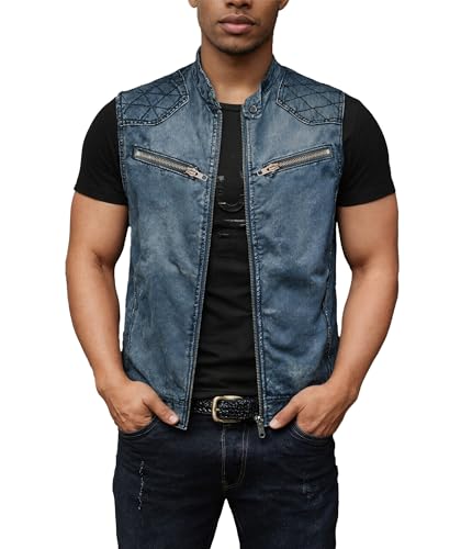 Pantete Denim Vest for Men Stand Collar Retro Zipper Sleeveless Jacket Slim Fit Cowboy Distressed Jean Vest with Pockets