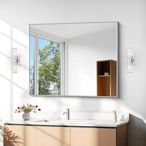 Image of DESBING 30 inch x 30 inchBathroom Mirror, Silver Rectangle Corner Wall Mirror with Metal Frame, Decorative Rectangular Vanity Mirror for Bedroom Bathroom Living Room Entryway (Horizontal /Vertical)