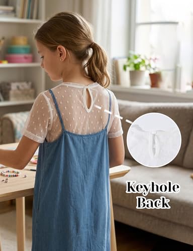 Image of Noomelfish Girls Lace Short Sleeve Layering Tops Sheer Mesh Tee Shirts Blouse (5-12 Years)