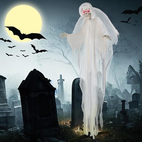 Tangkula 8.3 ft Halloween Standing Haunted Angel, Voice Activated Animatronic Ghost w/Lighted Eyes, Automatic Wing Movement & Terrifying Sounds, Holiday Skeleton Angel Decoration for Indoor Outdoor
