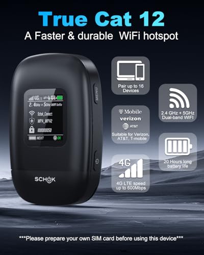 SCHOK 4G LTE Portable WiFi - Cat 12 Mobile Hotspot Travel Router, 600Mbps Download High Speed, Dual Bands (2.4GHz/5GHz), Compatible with Verizon, T-Mobile, AT&T, Supports 16 Connected Devices