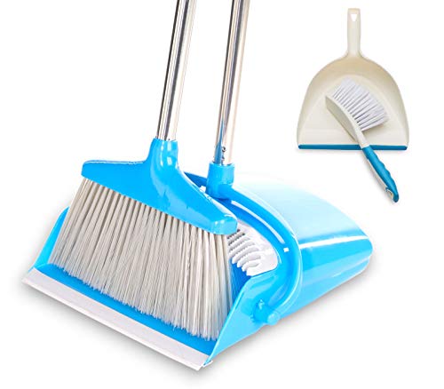 BristleComb Broom and Dustpan Set - Variable Handle Length Broom and Dustpan - Includes: Hand Brush and Dustpan Combo - Lightweight and Upright Stand for Cleaning Your Kitchen, Home, and Lobby (Blue)