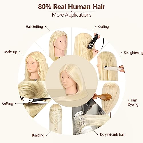 MYSWEETY 26\'\' Mannequin Head with Hair, 80% Real Human Hair Hairdresser Practice Training Head Cosmetology Mannequin Manikin Doll Head with Table Clamp Holder + DIY Hair Styling Braid Set (Blonde, No