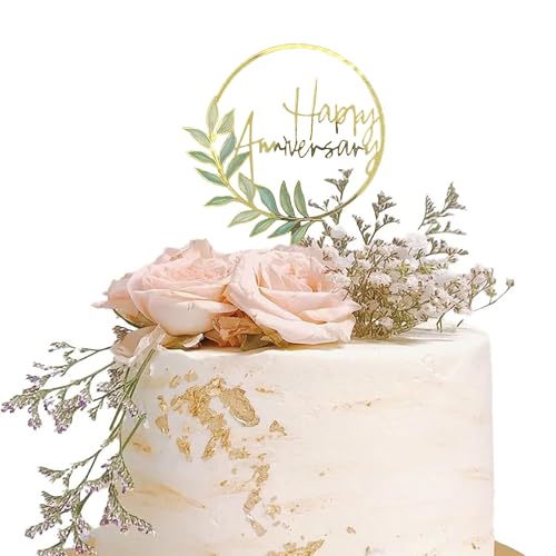Happy Anniversary Cake Topper with Golden Ring & Green Plant Design Elegant Acrylic Cake Decoration for Special OccasionsAcrylic Cake Topper for Anniversaries