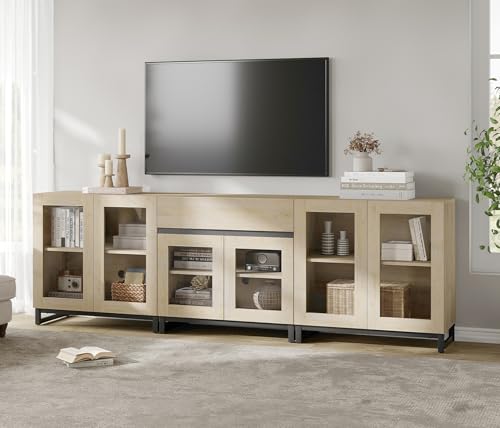 For Tvs Up To 100 Inch, Modern Entertainment Center With Glass Doors And Drawer, Tv Console With Adjustable Shelf For Living Room, Bedroom, Light Oak