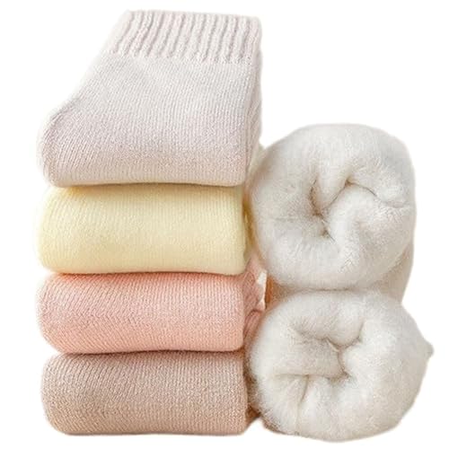OLBUPS 3 Pairs of Wool Socks, Women's Winter Fleece Socks, Thickened Warm Tube Autumn and Winter Super Thick Stockings, Coffee + Off-white + Pink, One Size