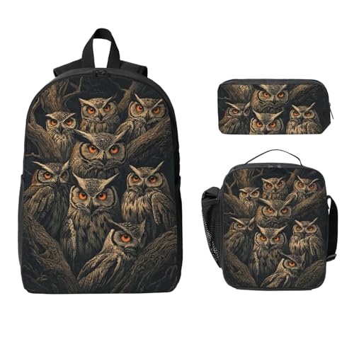 Vintage gothic Owl Backpacks 3 Pcs Lightweight Casual Backpack with Fun Graphic Cartoon Print for Camping Touring