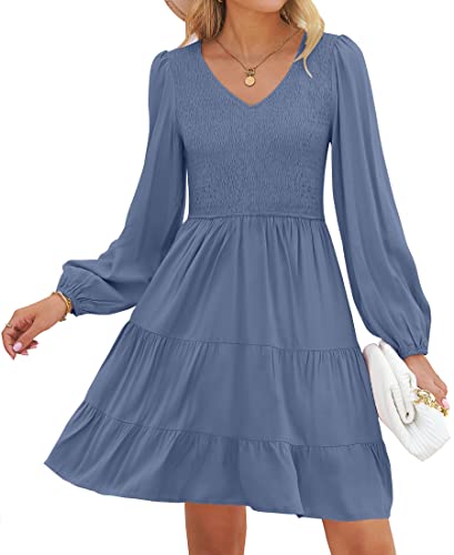 ZESICA Women's Casual V Neck Long Sleeve Smocked High Waist Ruffle A Line Tiered Mini Dress