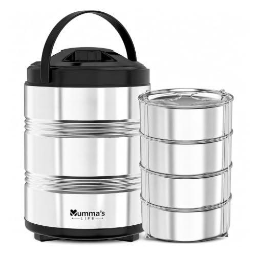 Image of Mumma's LIFE Lunch Box Steel Stainless | 4 Container Multipurpose Dishwasher Safe Tiffin Box for Office Use & School | Silver Finish Meal Carrier for Daily Use