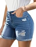 Utyful Women High Waist Stretch Ripped Bermuda Denim Shorts Distressed Walk Short Jeans D-Light Blue Large