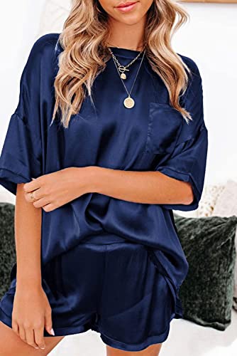 Ekouaer Womens Satin Short Sleeve Sleepwear O-Neck Top With Shorts Pajama Set, Navy Blue, Large #TOP2