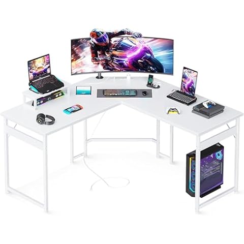 Casaottima 51 inch L Shaped Gaming Desk with Power Outlets and USB Port, Corner Desk Gaming Table with Monitor Stand for Home Office, Computer Desk for Small Space, Carbon Fiber Surface, White Cover
