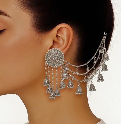 Silver Polish Bahubali with Kaan Chain Earrings Ethnic Bollywood Jewelry Traditional Bahubali Indian Partywear Jhumka Chandbali Wedding Earrings2