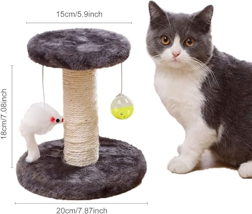 Cat Scratching Post and Small Cat Tree Natural Sisal Tower with Round Perch and Plush Ball Furniture Made for Small Cat, Kitten Relax Tree -Grey