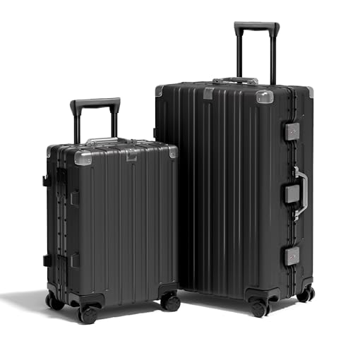 Krute Zipperless Luggage Set 2 Pieces Aluminum Frame Suitcase Sets Polycarbonate Hard Shell Luggage TSA Lock Checked Suitcase with Spinner Wheels Black
