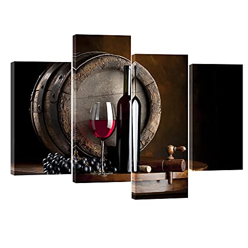 Pyradecor Vintage Canvas Prints Wall Art Red Wine And Grape Fruit Pictures Paintings For Kitchen Living Room Home Decorations Large Modern 4 Piece Stretched And Framed Giclee Food Artwork L #TOP24