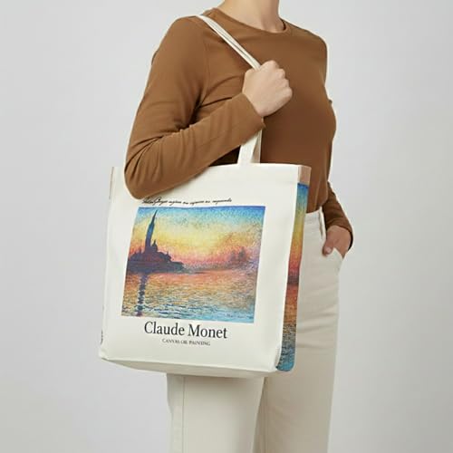 Image of Artsy Canvas Tote Bag for Women | Zipper Closure, Bottle Holder & Keychain Hook | Premium Cotton Canvas Bag for Travel, College, Office | Reusable Shopping Tote Bag Gift