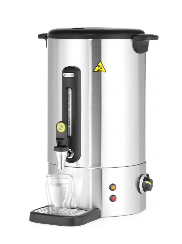 HENDI Hervidor de agua eléctrico 16L, dispensador de bebidas calientes, termo de una pared para vino, té, hasta 100°C, 230V, 50/60Hz, 1650W, 357x380x(H)502mm, acero inoxidable satinado, PP
