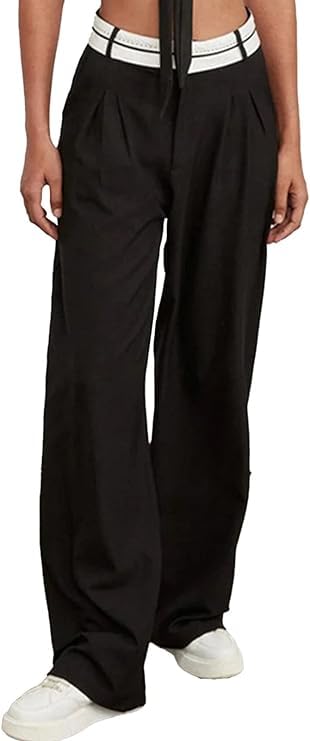 Women Work Pants White Waistband Wide Leg Dress Pants High Waist Trouser with Pocket