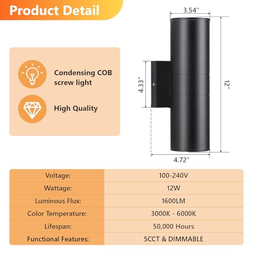 Image of DAKAFUL 5CCT Dimmable Wall Lights Outdoor 2 Packs, 3000K 5000K 6000K Integrated LED Cylinder Up Down Modern Aluminum Light, Waterproof Exterior Light for Porch Patio Door