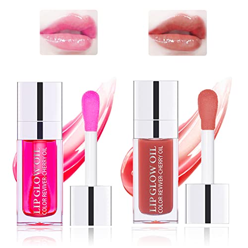 HOSAILY 2pcs Hydrating Lip Glow Oil Set Pink Tinted Plumping Lip Care Gloss Balm Big Applicator Clear Transparent Toot Nourishing Non-sticky Moisturizing Glitter Primer for Dry Lip Raspberry& Rosewood