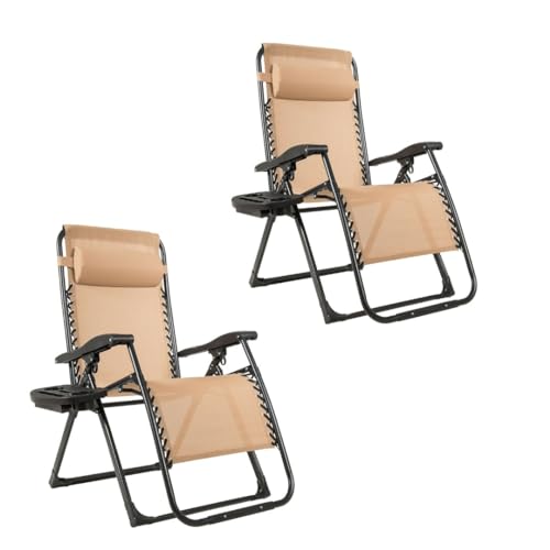 INMATMEX Duo Pack Silla Plegable Reclinable Gravedad Cero, Color Beige Calidad Y Comodidad con Almohadia y Portavasos Ideal para Cualquier Estancia