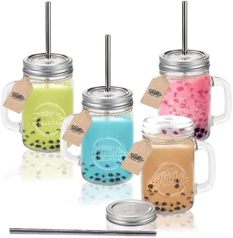 Smith's Mason Jars Set of 4 16oz or 473ml Mason Jars Mug with Screw Top Lids, Reusable Straws & Extra Lids | Ideal for Overnight Oats, Smoothies, Picnics, Perfect Present for Christmas & More