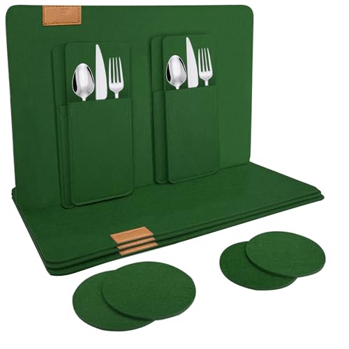 shinfly Tischsets Abwaschbar Platzsets aus Filz 12er Set, Abwischbar Tischsets, Hitzebeständig rutschfest Platzdeckchen mit Untersetzer, BestecksäCken für Küche, Speisetisch, 44x31cm【Dunkelgrün】