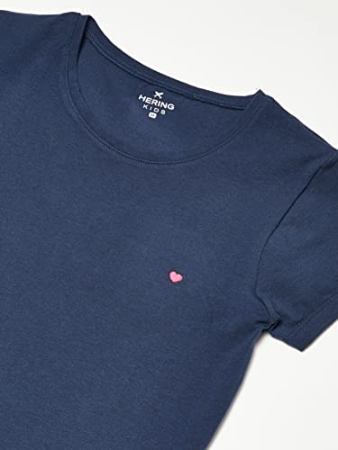 Blusa Básica Infantil Menina Manga Curta Slim Com Bordado Coração Azul Escuro 002