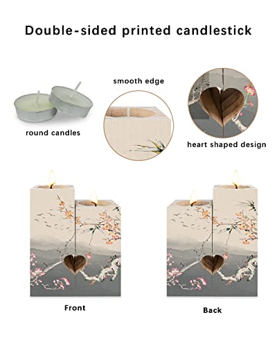 Oriental Ink Painting Candle Tealight Holders,Gifts For Him,Her,Kids,Women,Men - Heart Decorative Wood Candle Holder With Tea Lights,Wooden Candlestick Decor,Traditional Chinese Mountain Blossom #TOP1