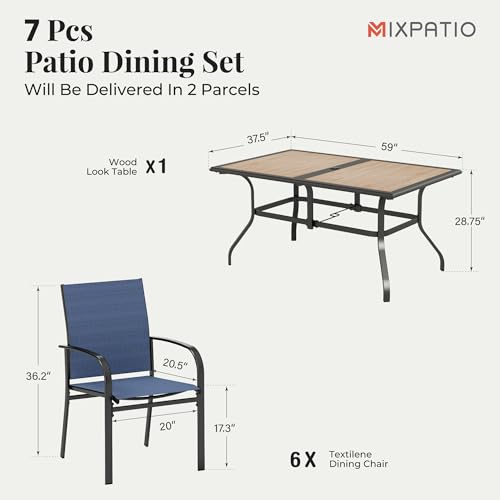 Image of MIXPATIO 7 Pieces Patio Table and Chairs Set, Outdoor Dining Furniture Set for 6, 6 Blue Textilene Chairs and 61 inch Wood-Like Table Top with Umbrella Hole, for Deck Backyard Lawn