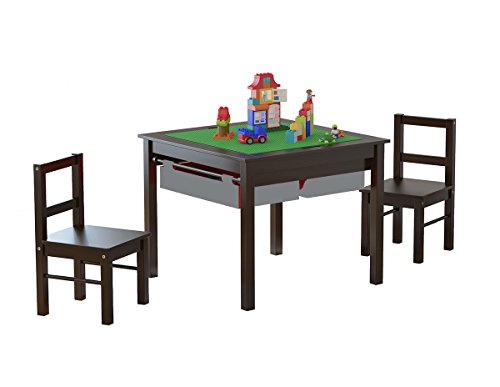 Utex Wooden 2 In 1 Kids Construction Play Table And 2 Chairs Set With Storage Drawers, And Built In Plate Compatible With Lego And Duplo Bricks (Espresso With Grey Drawer) #TOP7