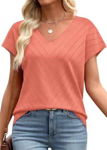 Image of WIHOLL Short Sleeve Sweater for Women V Neck Trendy Summer Tops 2026 Beach Vacation Clothes Travel Business Casual Outfits