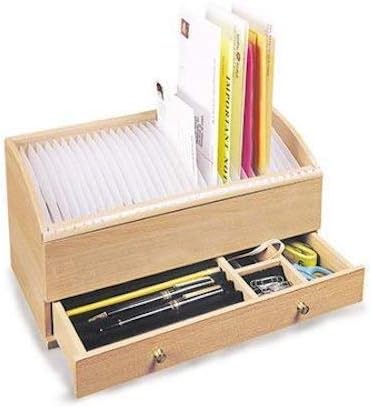 Natural Wood Space Saver Letter and Bill Organizer with Compartments Drawer and 31 Slots
