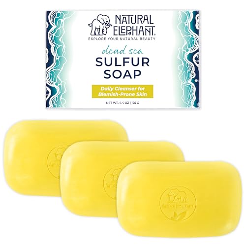 Natural Elephant Dead Sea Sulfur Soap 4.4 oz with Dead Sea Salt, Aloe Vera, Sulphur Face and Body Cleanser Bar for All Skin Types (3 Pack (13.2 oz Total))