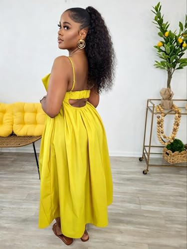 Image of YUEWOO Midi Dresses for Women Casual Summer Sundresses Vacation Outfits Spaghetti Strap Smocked Women Maxi Dress with Pockets