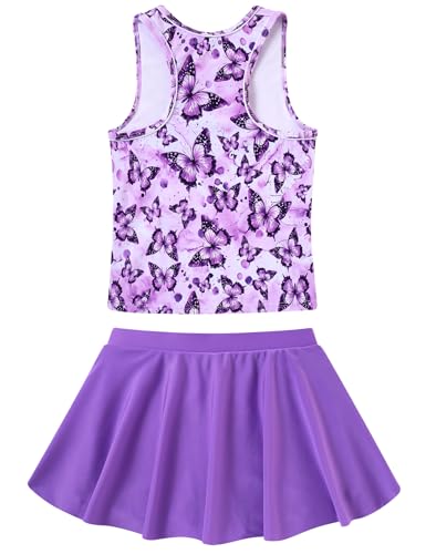 Vogseek Swimsuits for Girls Two Pieces Sleeveless Tankini Sets with Skirt Shorts Girl's UPF 50+ Summer Beach Purple Butterflyss Cool Bathing Suits 3D Printed Child Fun Rash Guard Swimwear, 7 8 Years