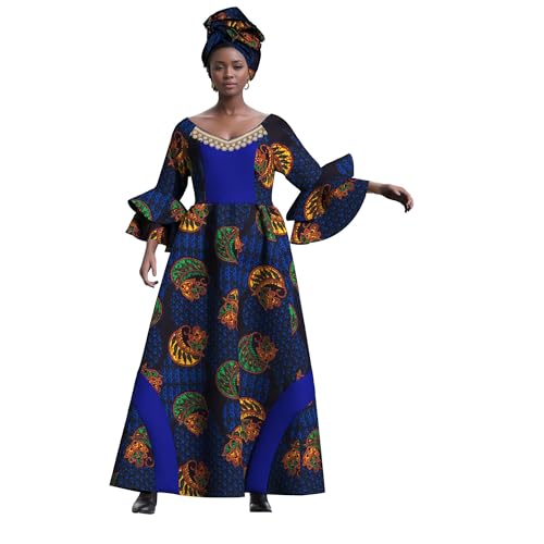 Image of iooiooi Womens African Print Party Maxi Dress Tradition Dashiki Ankara Long Dress & Headwrap