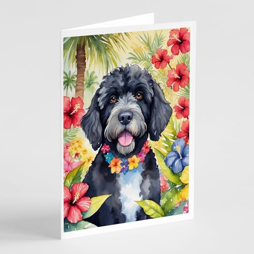 Caroline's Treasures Portuguese Water Dog Luau Greeting Cards Pack of 8 Blank Cards with Envelopes Whimsical A7 Size 5x7 Blank Note Cards