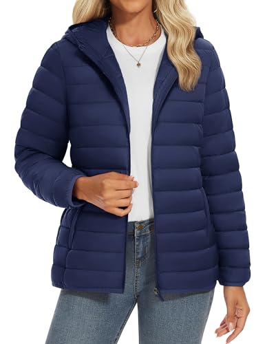 YUCOLEN Women's Puffer Jacket with Hood Lightweight Quilted Padded 4 Pockets Zip-up Coat Winter Jackets for Women Navy Large