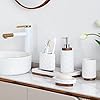 RQYIXI Elegant 6 PCS Ceramic&Wood Bathroom Accessories Set:Soap Dispenser,Toothbrush Holder,Tumbler,Soap Dish,Tray,Trash Can,Easy to Clean,Quatrefoil Pattern,White-Affordable Home Luxury #2