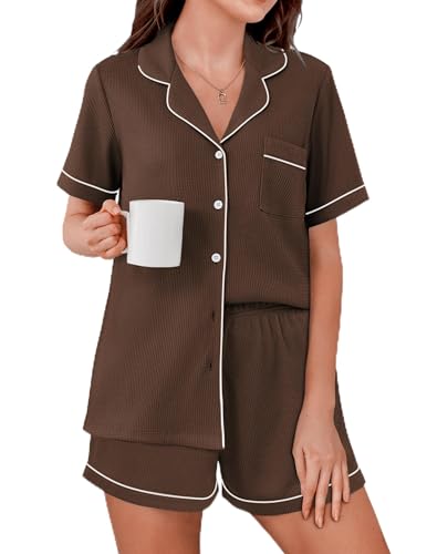 Image of Ekouaer Womens Waffle Knit Pajama Sets Soft Short Sleeve Button Down Sleepwear Cozy 2 Piece Pjs Shorts Set
