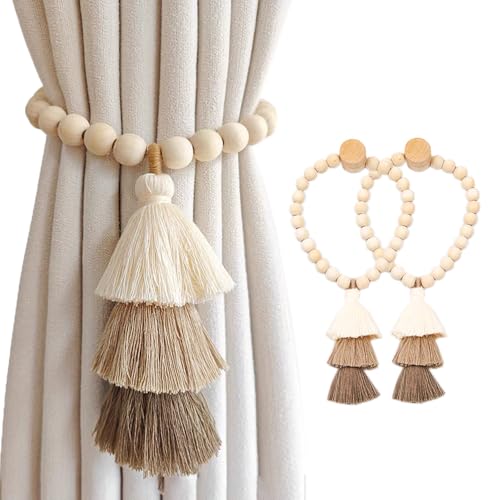 SRG Handmade Magnetic Wooden Bead Curtain Tiebacks 2 PCS | Simple Elegant Magnetic Tassel Curtain Tie Backs | Accessories Wall Decoration | Drapery Tiebacks for Bedroom Window Treatment